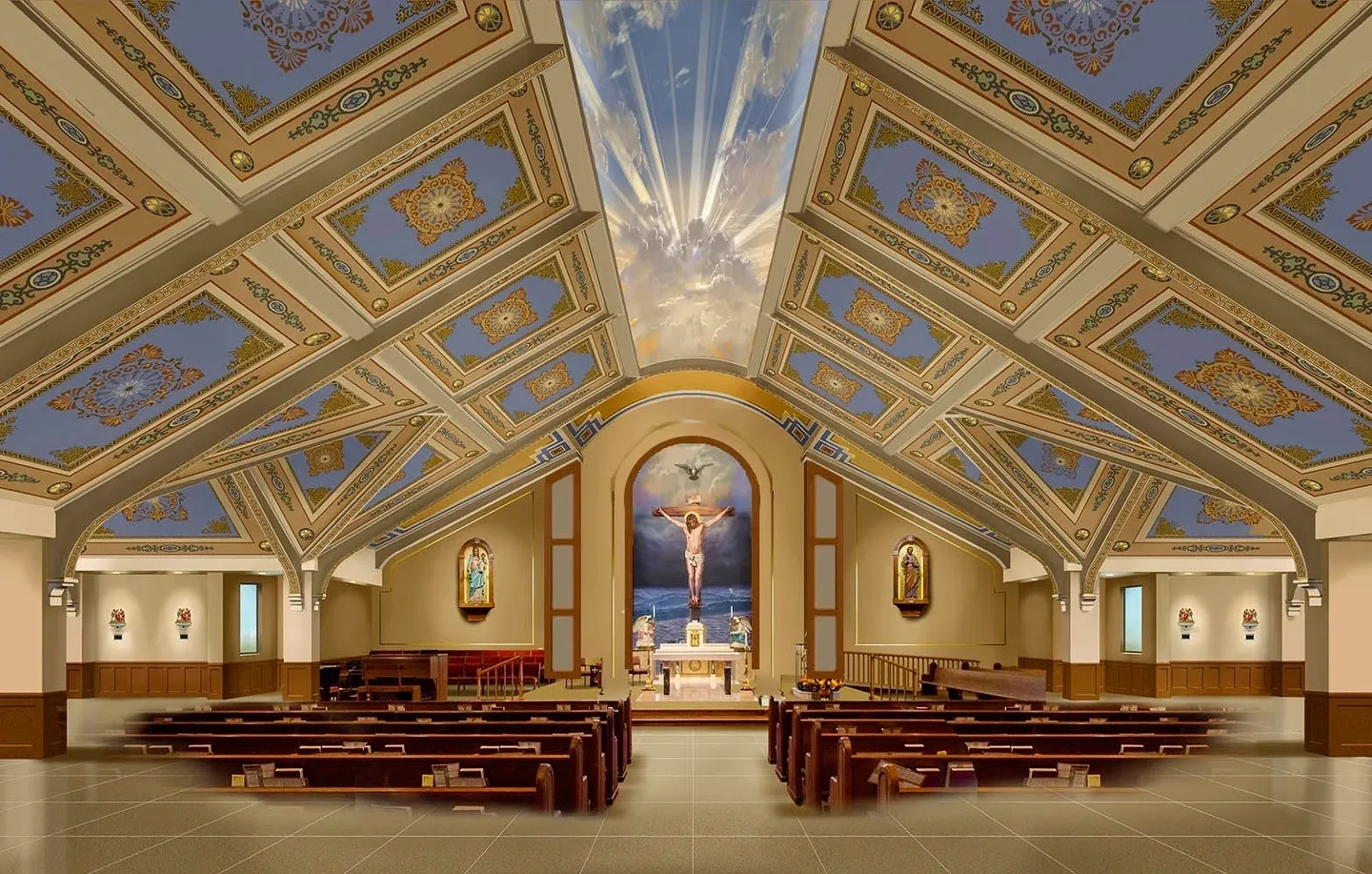 A large church with many pews and paintings on the ceiling.