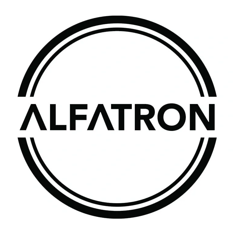 A black and white picture of the alfatron logo.